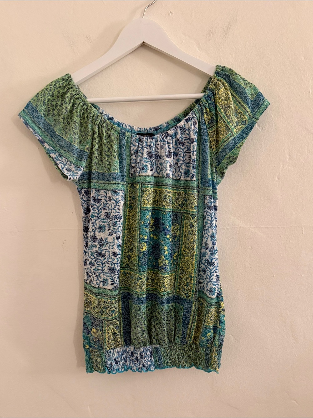 Eyeshadow Boho Patchwork Off-Shoulder Tunic in Green & Blue